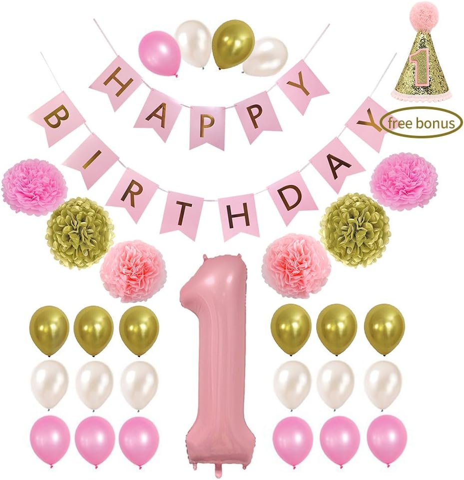 Litaus 1st Birthday Decorations, Happy Birthday Banner, 1st Baby Girl Number 1 Balloon, Pom Poms, Birthday Hat for 1st Birthday Girl Outfit, Girls Birthday
