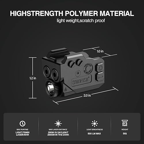 Miniatura 5 de SOLOFISH Luz de pistola de 500 lm y combo de haz moradoinfrarrojo (IR)verde azul, luz de arma de aluminio recargable y haces para armas con riel
