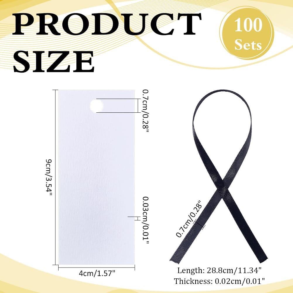 100 Sets Name Place Cards with Satin Ribbon for Table Setting 1.57x3.54x0.01Inch Table Place Cards Black Ribbon Blank Seat Card Hanging Gift Tags for Dinner Party Banquet Events Supplies