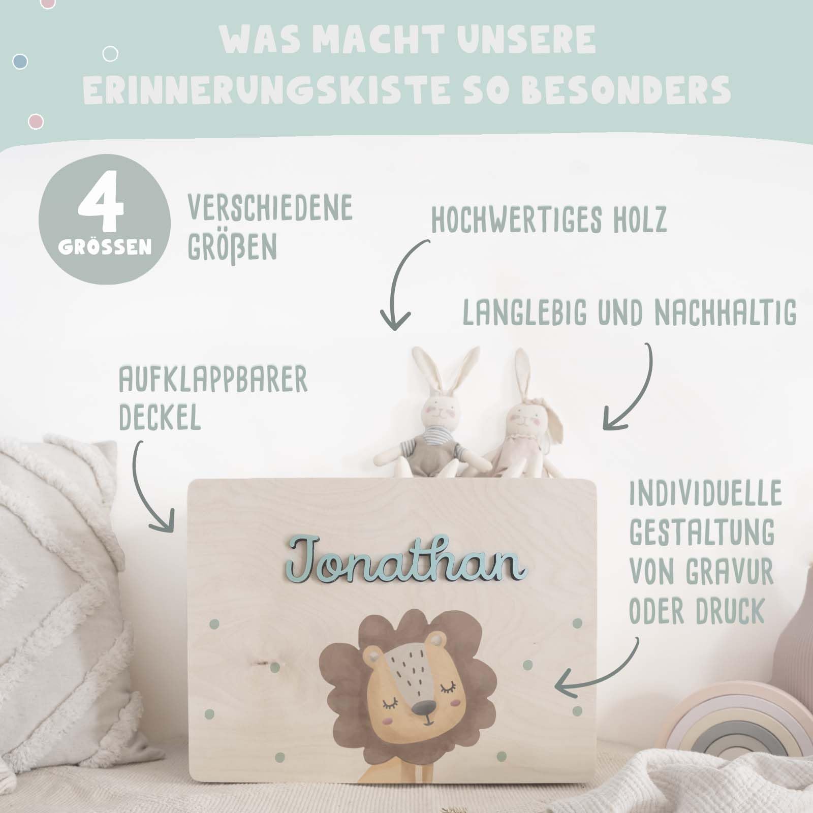 hellomini Personalisierte Erinnerungskiste aus Holz mit 3D-Namenszug – Geschenk zur Geburt, Taufe, Geburtstag – Kiste für Baby Andenken – Motivdruck oder Gravur (Gravur - Blumenkranz, XL: 60x40x23cm)