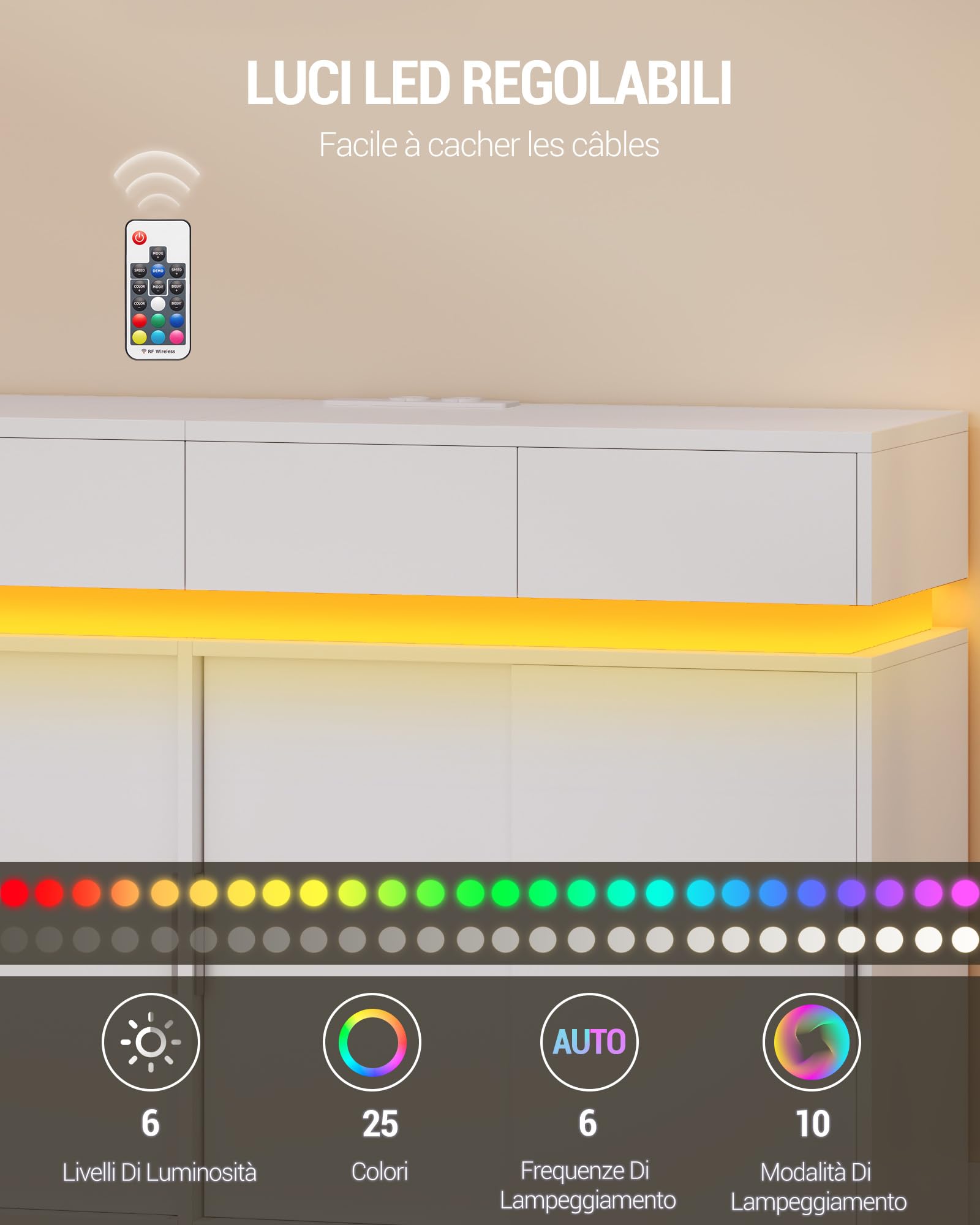 Hzuaneri Credenza Cucina, Mobile Cucina con 4 Cassetti, 4 Ante Scorrevoli, Presa Elettrica e Illuminazione a LED, Ripiani Regolabili, stile Moderno, per Cucina, Soggiorno, 40 x 140 x 85 cm, Bianco
