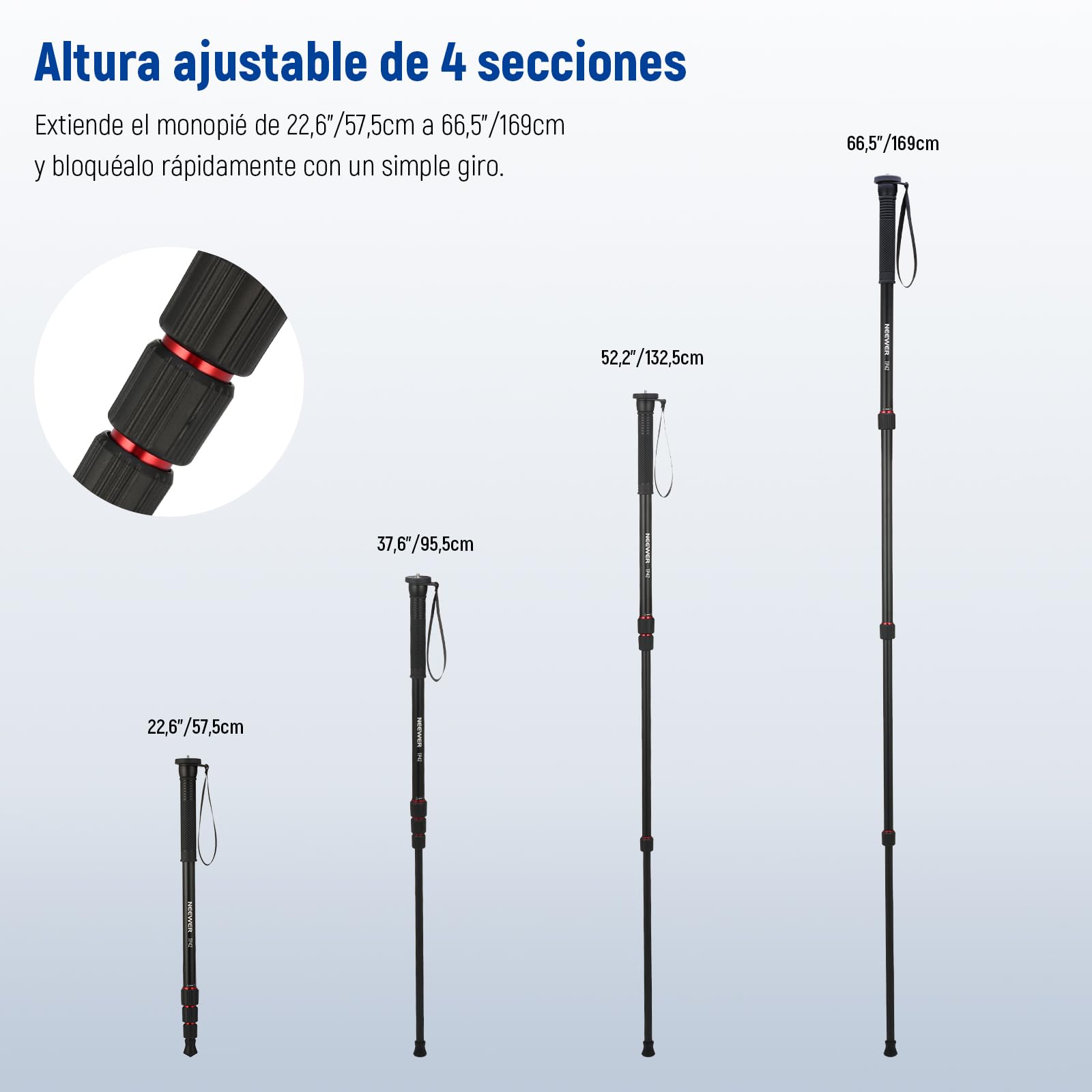 NEEWER 66,5" Monopié Cámara, Ligero Monopié Viaje Aluminio para Videocámaras DSLR, Fotografía y Grabación, Adaptador de Rosca de 1/4" y 3/8", Palo Selfie de Trekking, Carga Máxima de 10kg, TP42