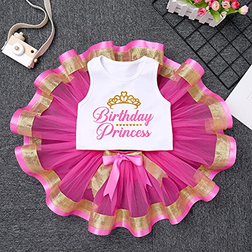 IBTOM CASTLE Toddler Baby Girl Princess Birthday Party Dress Sleeveless Printed Vest Tops+Tulle Tutu+Flower Crown Outfit2