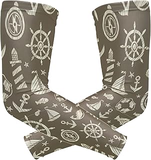 Vintage Blue Sea Voyage Anchor Steering Wheel Ship Lighthouse 1 Pair Cooling Sports Arm Sleeves, Cover Uv Sun Protection Warmer for Sports Men Women Running Golf Cycling Riding Jogging