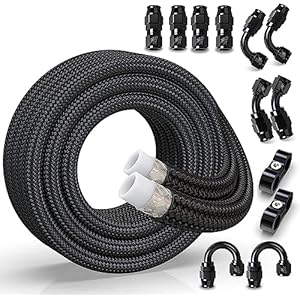 RENO 8AN Fuel Line Kit, 8AN Fuel Line Fittings PTFE E85 Nylon Braided Fuel Hose Reel with Fitting Hose Separator Clamp(20FT,0.394 Inch ID, Black)