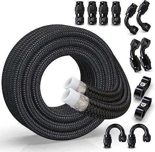 RENO 8AN Fuel Line Kit, 8AN Fuel Line Fittings PTFE E85 Nylon Braided Fuel Hose Reel with Fitting Hose Separator Clamp(20FT,0.394 Inch ID, Black)