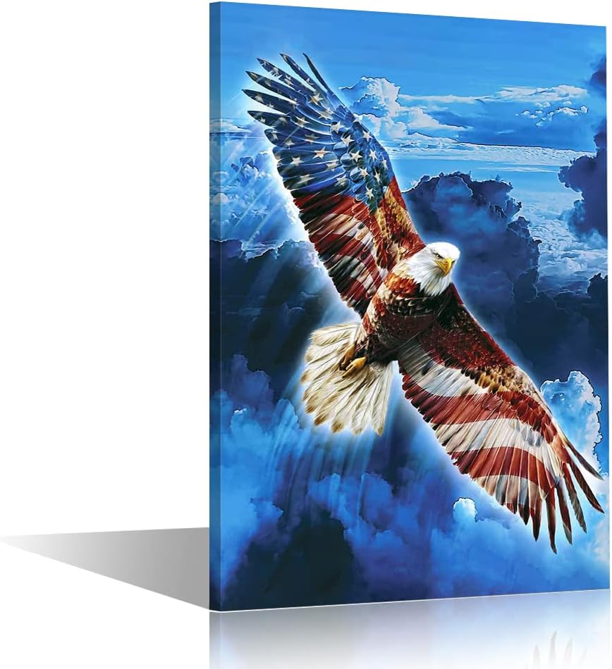 TUMOVO Navy Blue Wall Art for Living Room Eagle and American Flag Painting Canvas Print Artwork Soaring Eagle Poster Bedroom Bathroom Decor Home Office Wall Decorations Ready to Hang, 16" Wx24 H 16"Wx24"H Blue,Navy,Black