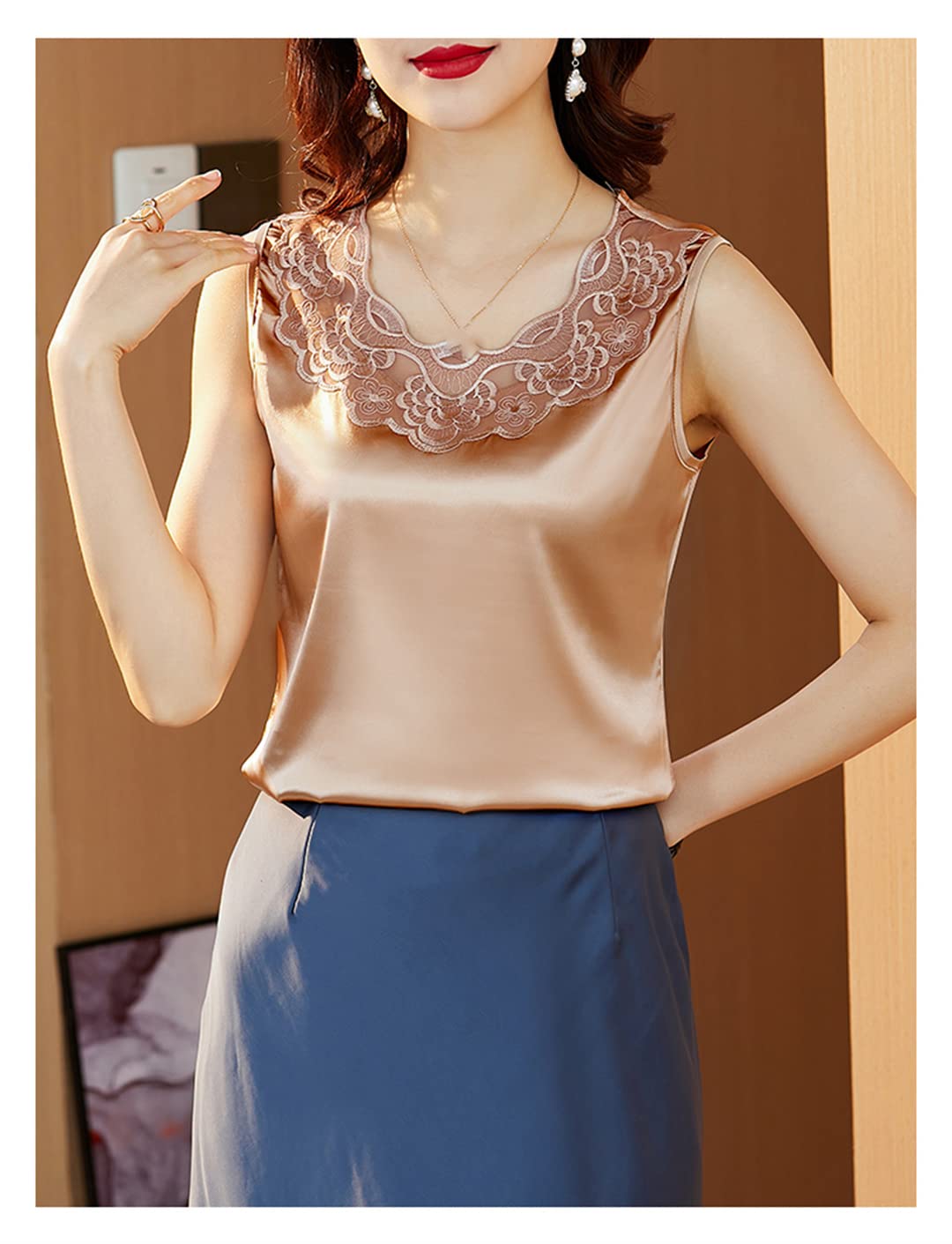 Canotte Senza Maniche con Scollo a O per Donna Camicetta in Raso con Patchwork a Rete scavata T-Shirt Estiva Casual PIC S