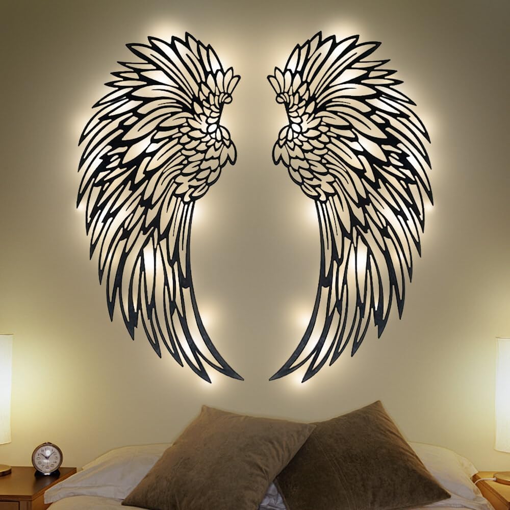 CJBIN Angel Wings Wall Art, Metal Wall Art Angel Wings with Lights