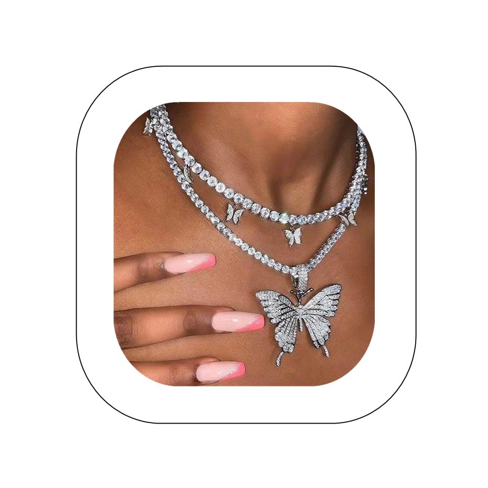 Sparking Rhinestone Butterfly Pendant Necklace Iced Out Butterfly Tassel Choker Necklaces Set Punk Shinny Tennis Chain Necklace for Women E Girls