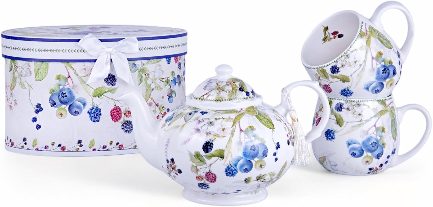 Bone China Tea Set for 2 pers. in Gift Box, Tea Set for Adults, Coffee Set, European Coffee Set, Women Tea Set, Bone China Tea Set for Party Birthday Wedding Gifts (Wild Berries)