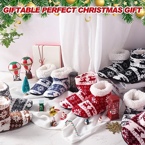 Liitrsh 6 Pairs Christmas Bootie Slipper Plush Boots Indoor Outdoor Slipper Socks with Sole Coral Fleece Booties with Grippers Deer Snowflake Warm Fluffy Shoes for Winter Gifts Home Women Man4