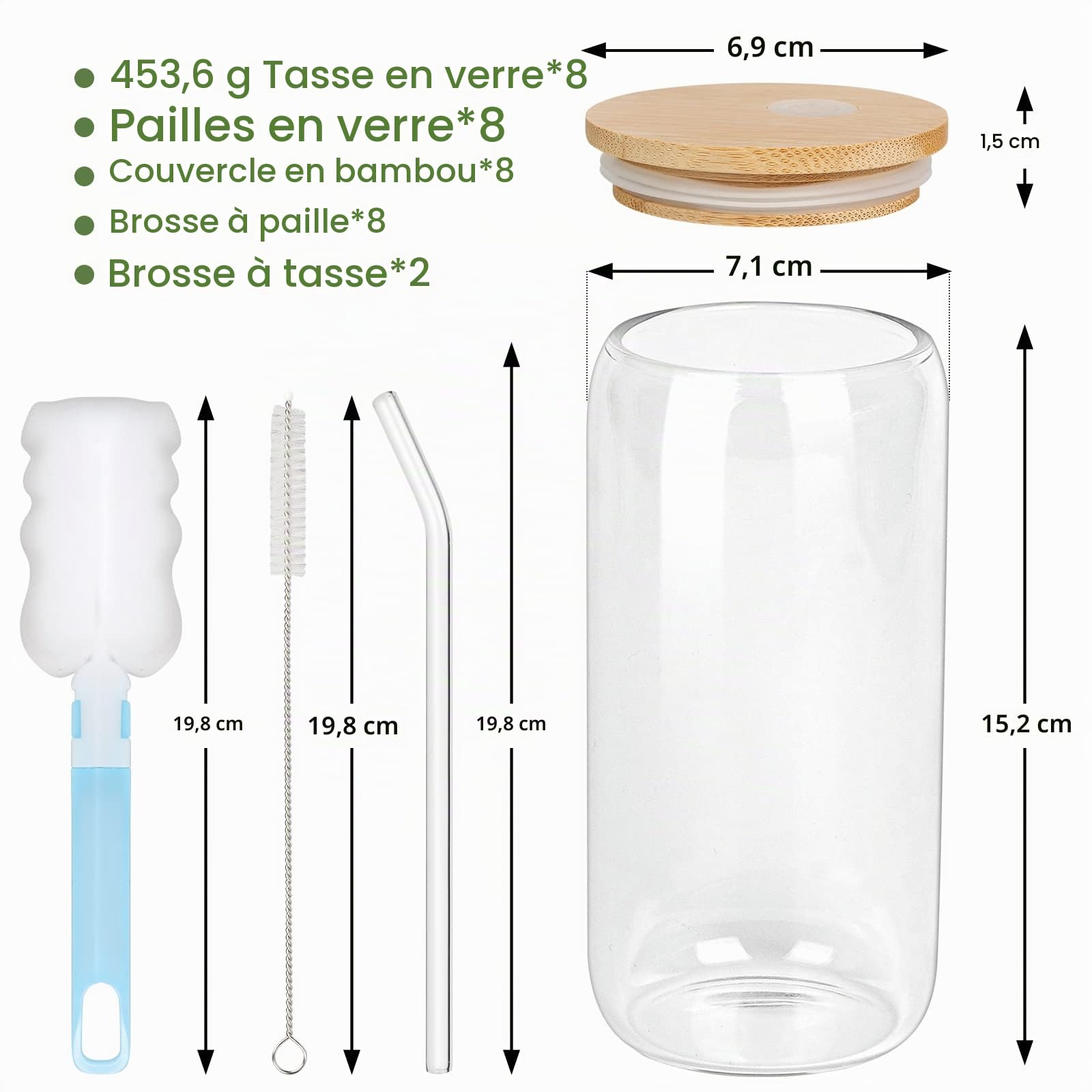 Verre Canette avec Couvercle et Paille, Lot De 8 Verre Cocktail, verre de Bière, Tasses à Café Glacé de 500ml, Verre Smoothie, Bubble Tea Cup pour Café Glacé, Soda, Bière, Jus de Fruits.
