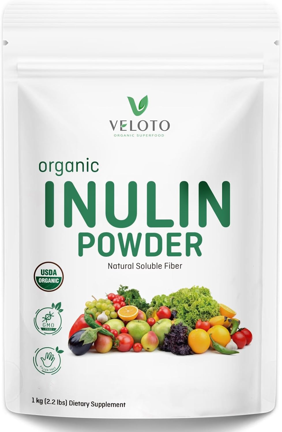 VELOTO Organic Inulin Powder – Prebiotic Fiber Supplement for Smoothies & Drinks, 2.2 lb, Flavorless, Water Soluble, Vegan & Non-GMO