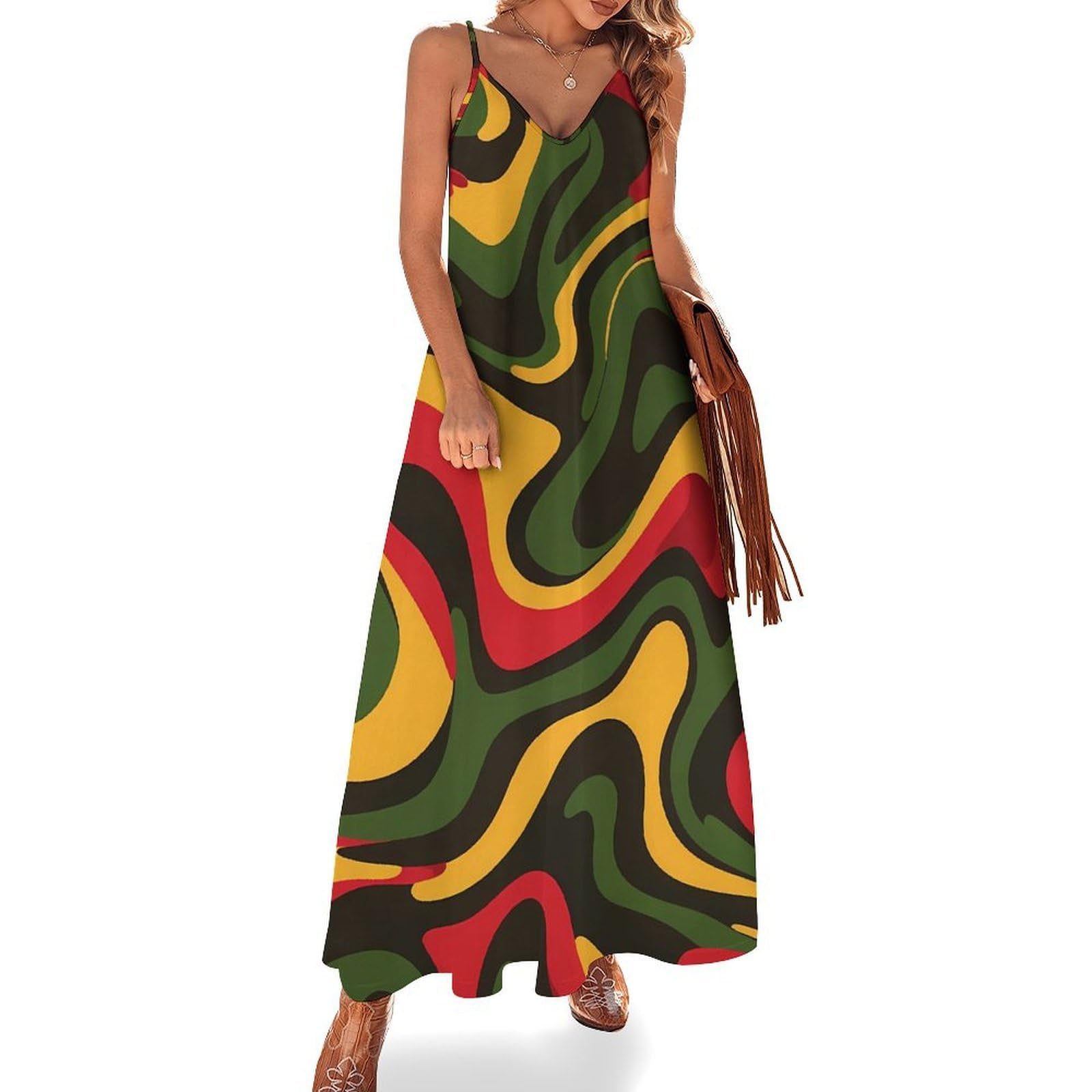 Hlbsdm Women's Style Rasta Colors Pattern Maxi Dress Spaghetti Strap Summer Beach Casual Sundress