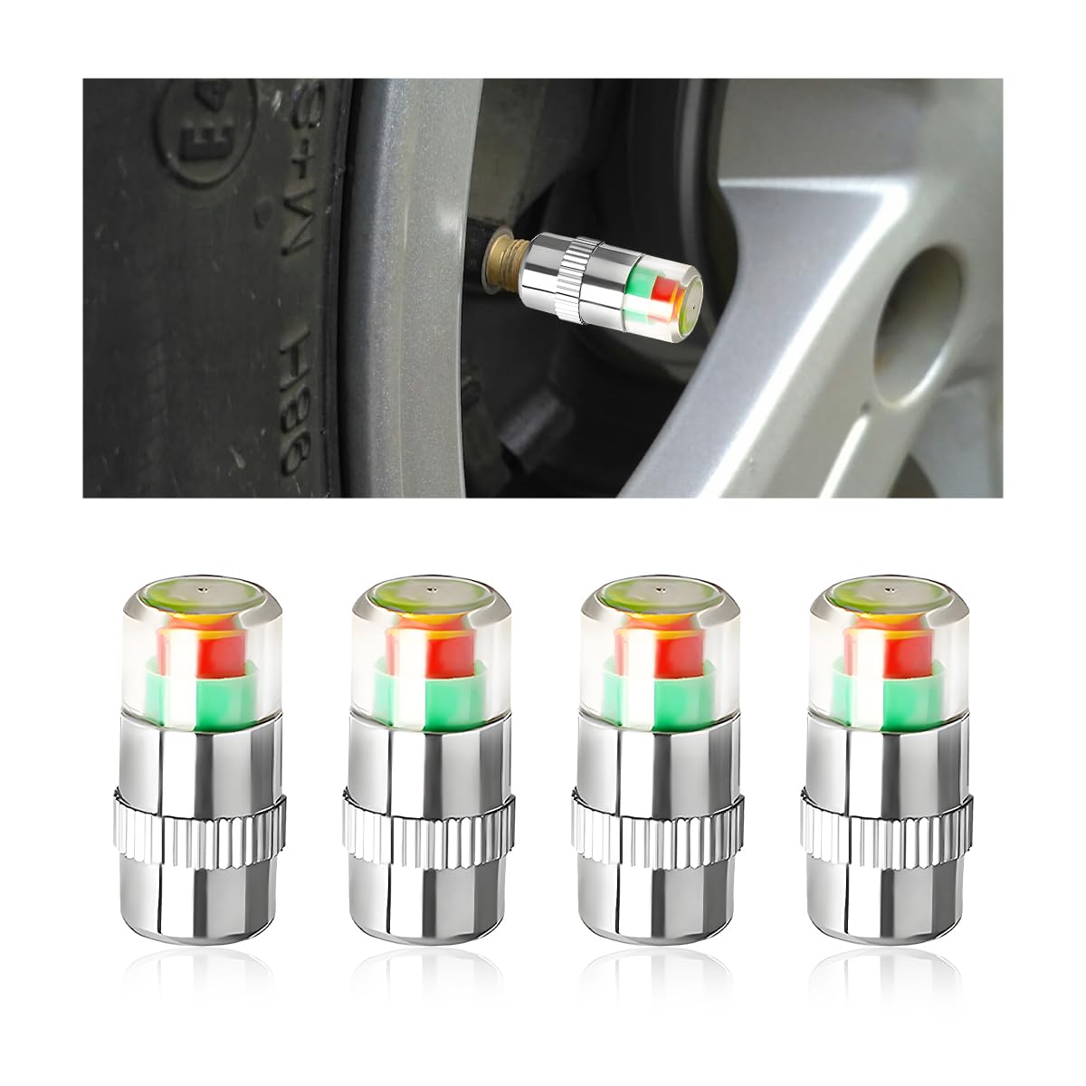4PCS Tire Pressure Monitor Valve Stem Caps, 2.4 Bar 36PSI Pressure Monitor Stem Covers with 3-Color Eye Alert, Easy to Read Sensor Indicator Tire Valve Cap for Most Car Truck SUV (Silver)