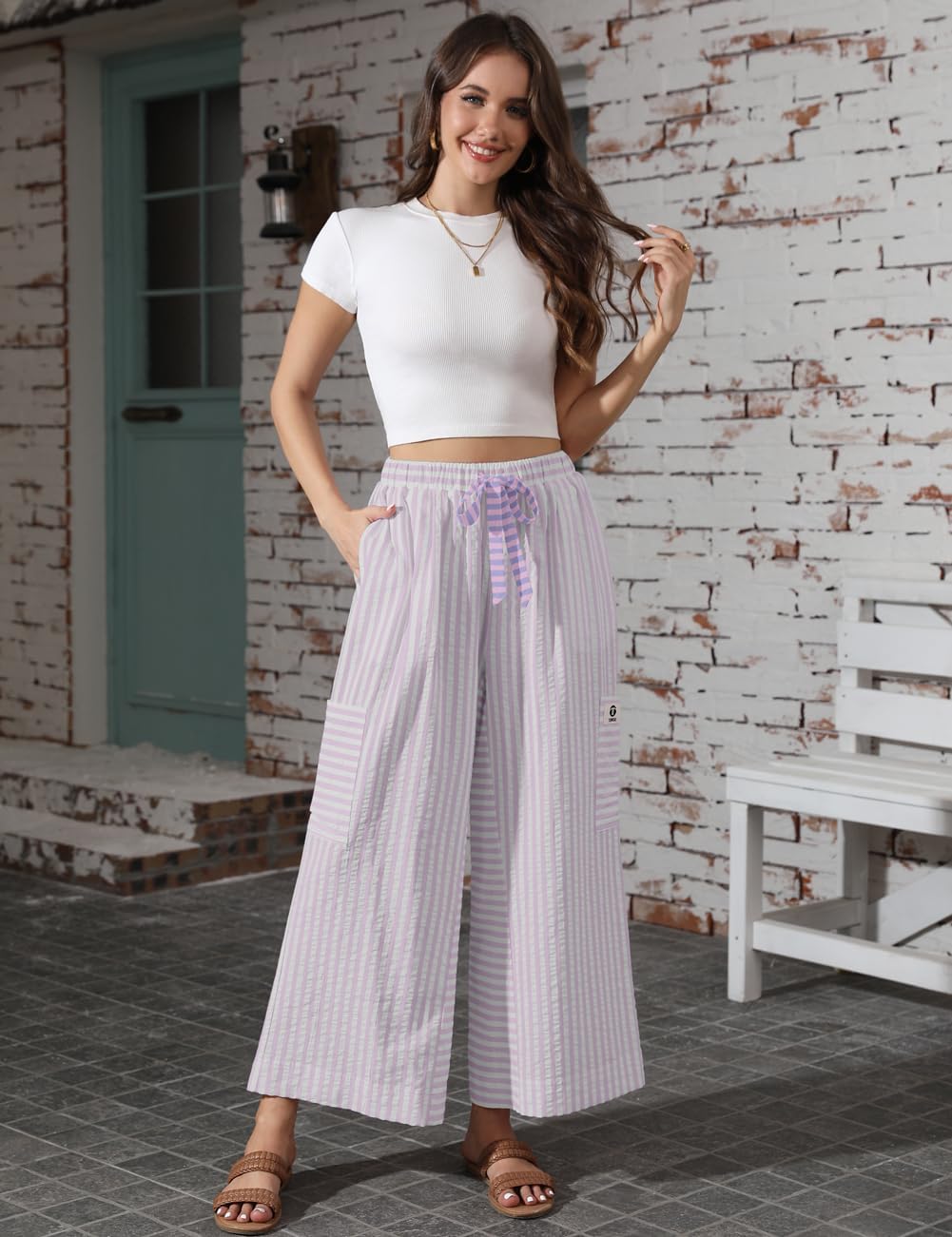 TARSE Women’s Striped Wide Leg Pants Drawstring Casual Boho Palazzo Pants Loose Lounge Beach Vacation Trousers - Image 2