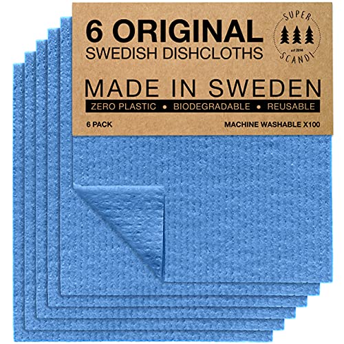 SUPERSCANDI 6 Piezas Paños de Cocina - 100% Biodegradables y Compostables | Trapos de Cocina Reutilizables, Aptos para Alimentos y Sin Plástico | Bayetas para Todas Las Superficies, Azul