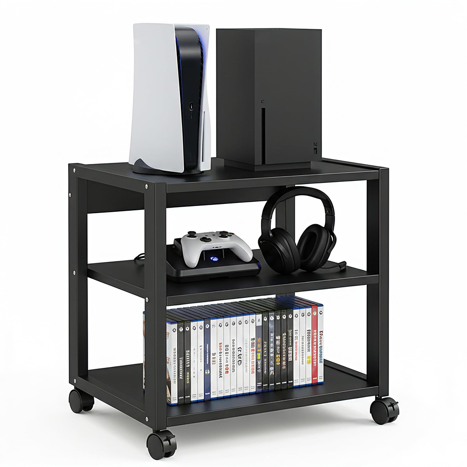 Przenośny stojak HiFi na kółkach, 3-poziomowy regał HiFi na wzmacniacz i gramofon, otwarta konstrukcja zapewnia optymalne odprowadzanie ciepła, stabilny metalowy stelaż, czarny, 50 x 40 x 48,5