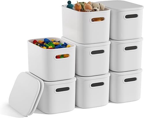 Miniatura 11 de Paquete de 8 contenedores de almacenamiento coloridos con tapas para estantes, contenedores de almacenamiento para el aula, contenedores apilables