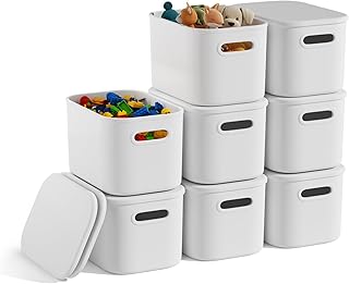 8 Pack White Storage Bins with Lids for Shelves, White Storage Containers with Lids for Organizing, Storage Box with Handle, Stackable White Plastic Bin for Classroom, Craft, Snacks