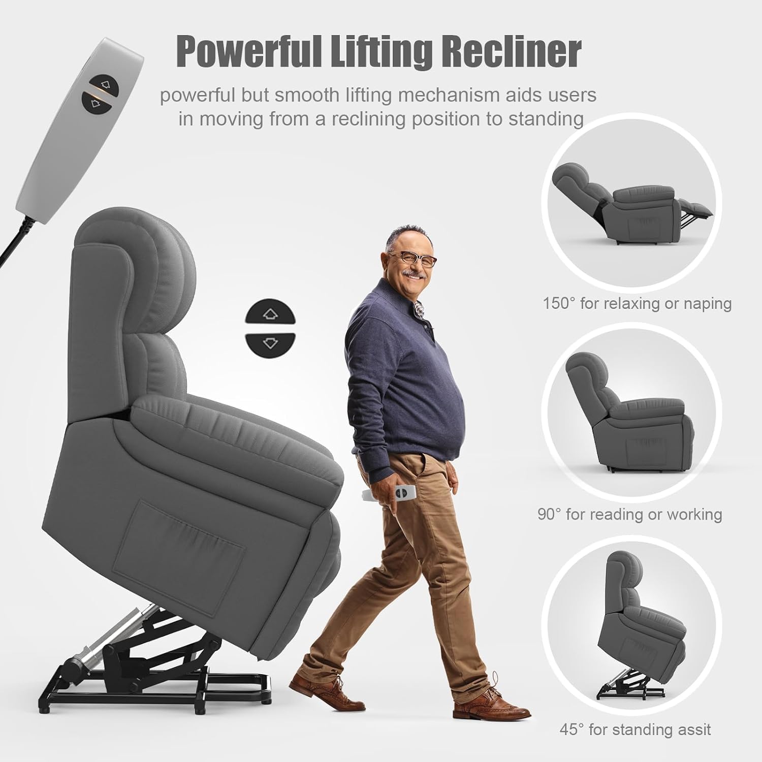Fernsehsessel Relaxsessel Elektrisch Massagesessel mit Liegefunktion Aufstehhilfe, 60 cm breiter Liegestuhl,Massage Heizung, Fußteil, 2 Seitentaschen Getränkehalter, TYP C USB-Anschlüsse Liegen Leder