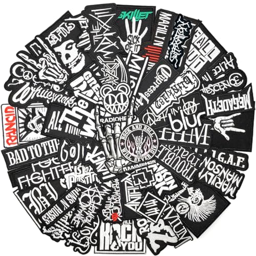 50PCS Rock Band Patches Iron On Punk Patches Heavy Metal Patches for Jackets Embroidery Music Hippie Badges Clothes Stickers DIY Appliques Sewing Stripes (Black)