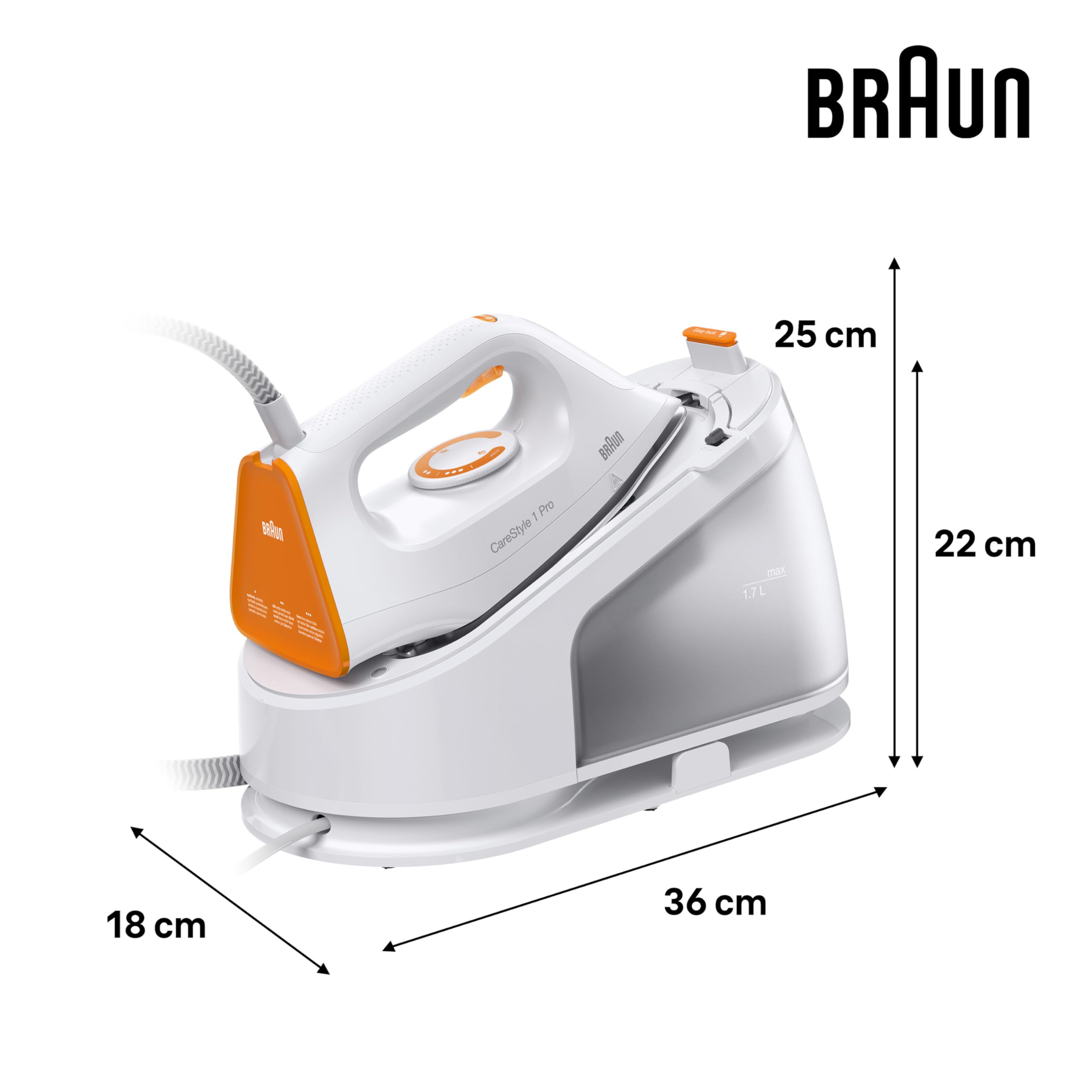 Braun CareStyle 1 Pro IS 1511 WH, Dampfbügelstation - Dampfbügeleisen mit FreeGlide 3D-Technologie, Vertikaldampf, Anti-Tropf-Funktion, 1,7 l Wassertank, 5,5 bar, 360 g/min, 2200 W, Weiß/Orange