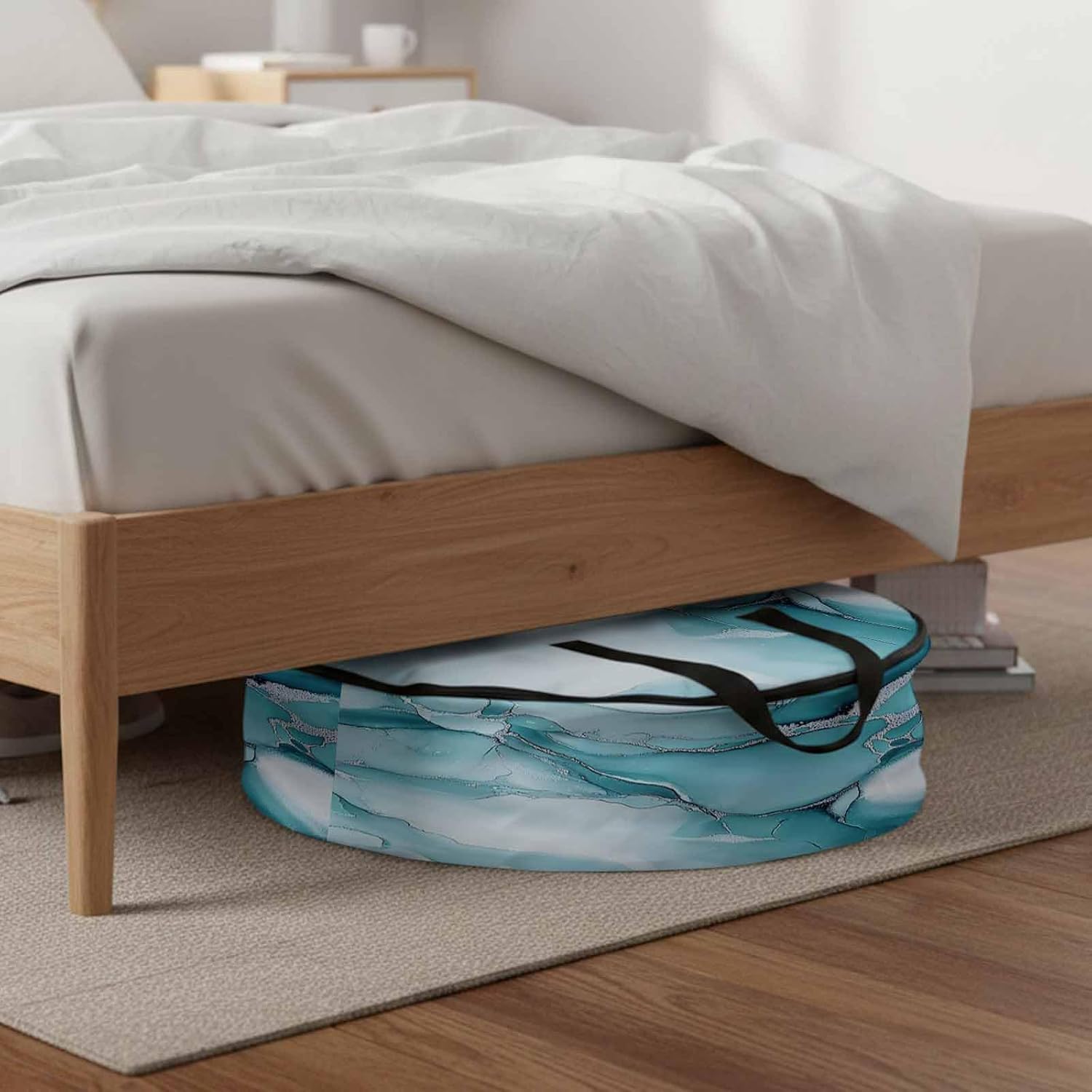 Marble Texture Round Storage Bag 36 Inch, Blue Green Minimalist Lines Clothes Storage Container with Handles Heavy Duty Organizer for Comforter, Bedding & Holiday Wreaths