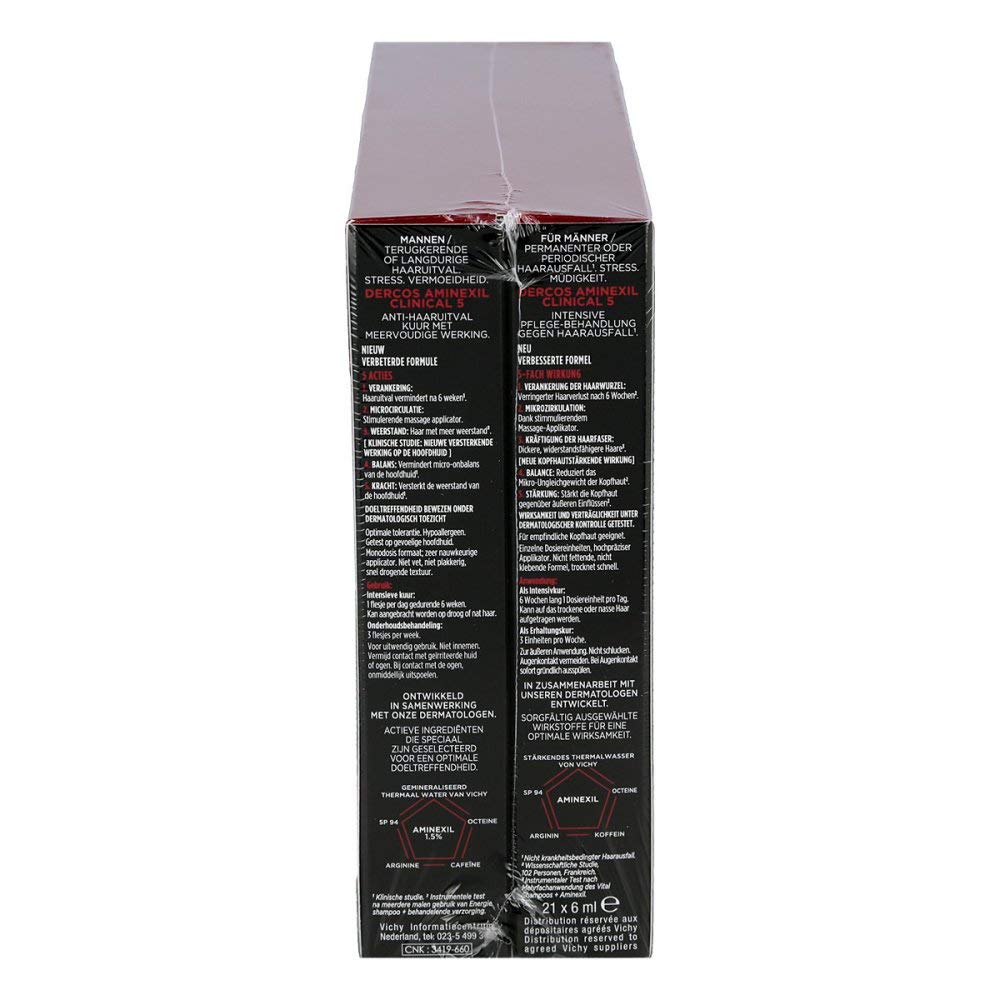 Vichy Dercos Aminexil Intensive 5 Uomo, Trattamento Anti-Caduta Multi-Azione, Fiale Monodose, Per Tutti i Tipi di Capelli, Effetto Rinforzante, Con Aminexil, Arginina, SP94, Vitamine PP-B6, 21x6 ml