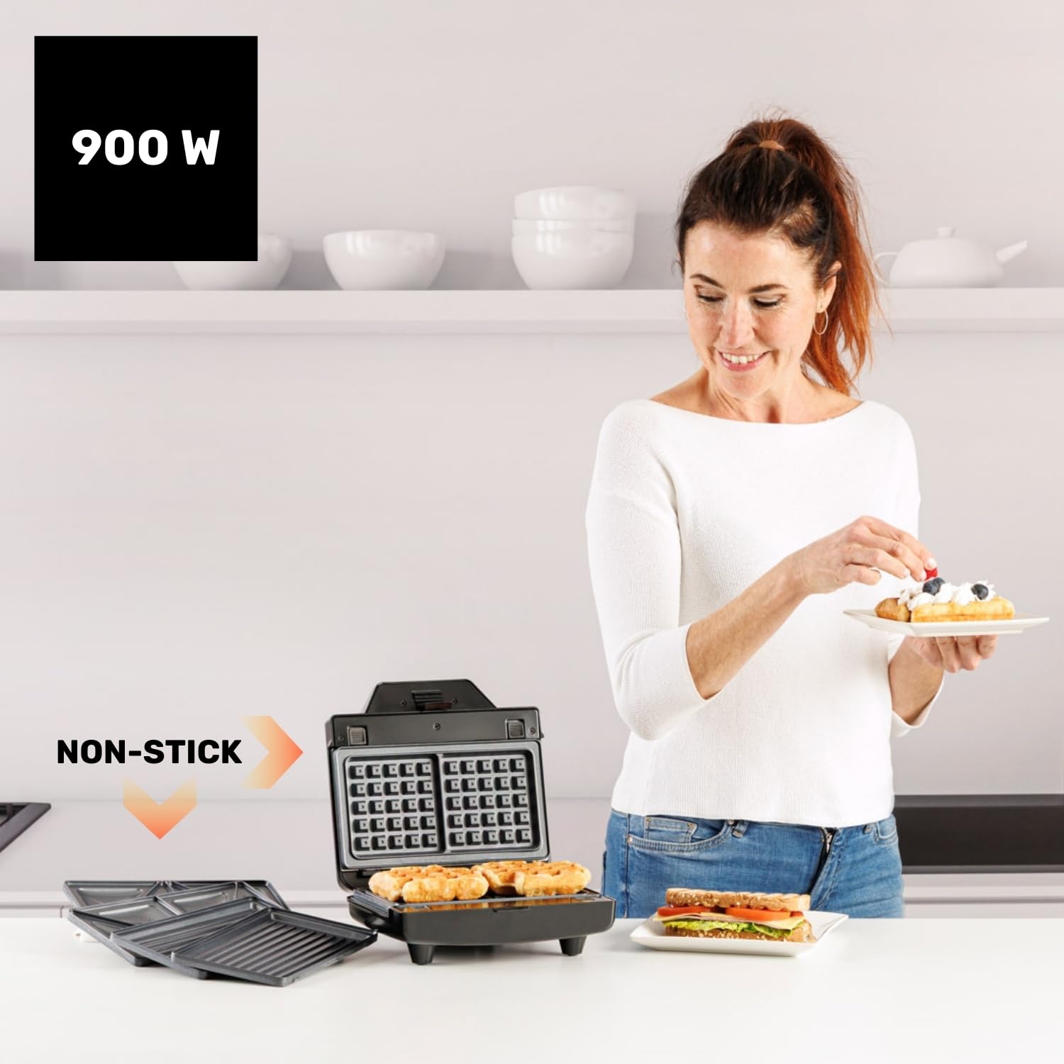 Taurus - Sandwichera Miami Legend | 900W | 3 Placas antiadherentes desmontables: Sandwich, Grill y Gofre | Rápido Calentamiento Uniforme | Almacenaje vertical | Asa toque frío | Acabados Inox