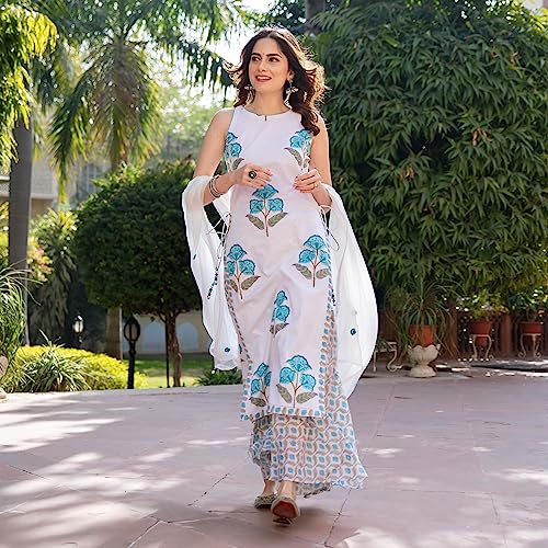 Image of Sidhidata Women's Cotton Blend Printed Straight Kurta Sharara Set With Embroidered Dupatta