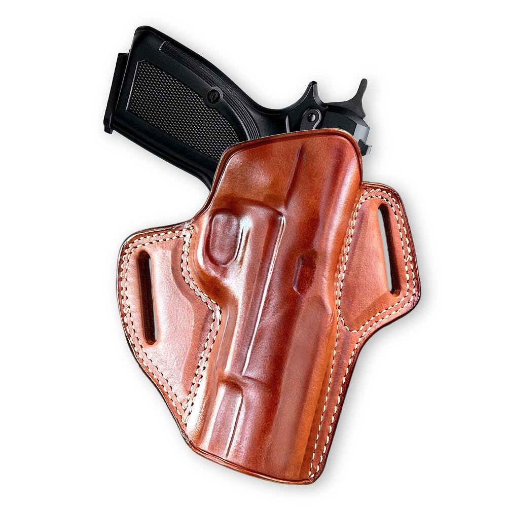 Premium The Ultimate Leather OWB Pancake Holster Open Top Fits Browning Hi-Power MK3 9mm/40S&W 4-5/8" Barrel, Right Hand Draw, Brown Color #1307#