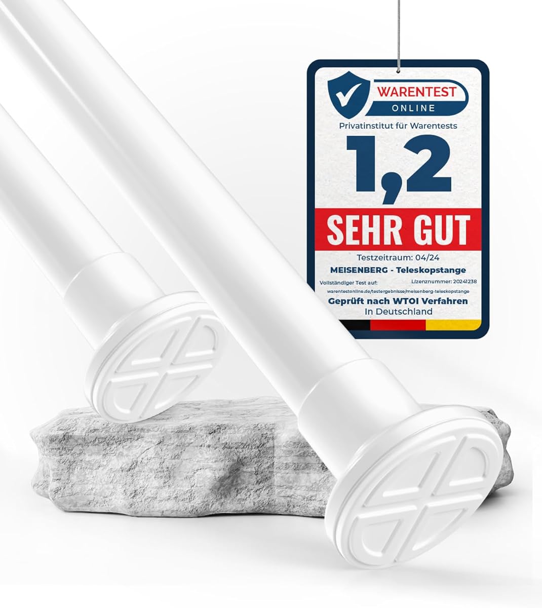 MEISENBERG Gardinenstange ohne Bohren - Weiß, Ø 25 mm - Teleskopstange Vorhang - Duschstange zum Klemmen - Klemmstange für Fenster, Raumteiler und Küche (70-120cm)