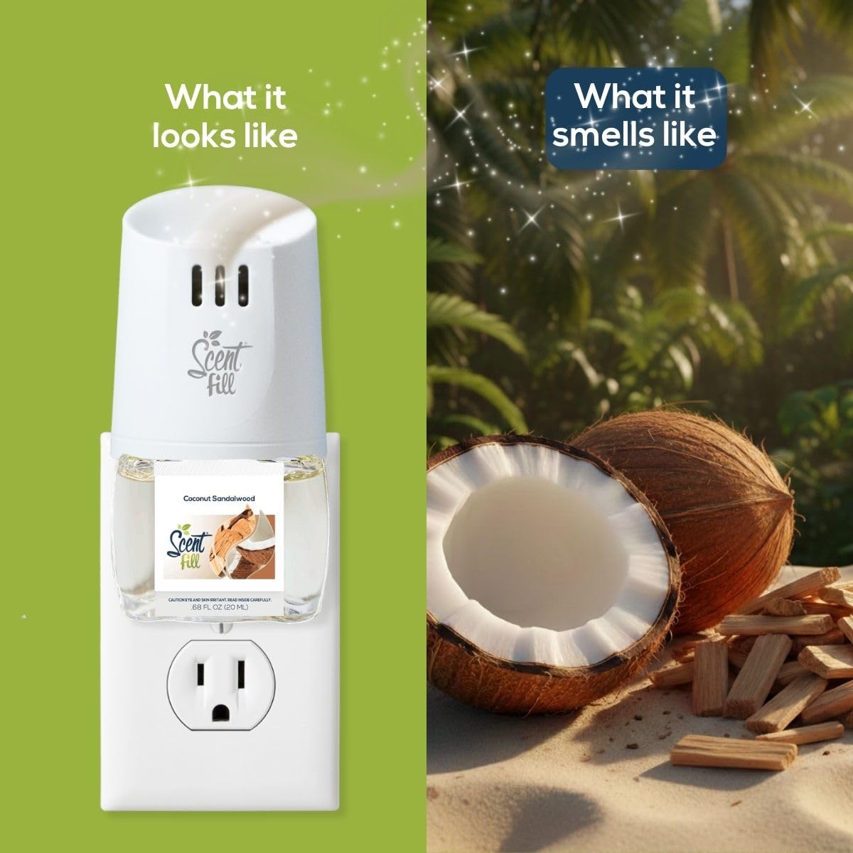 Scent Fill Ambientador de repuesto de sándalo de coco con enchufe, se adapta a calentadores de marca nacional, recambios de aceite perfumado, paquete de 4