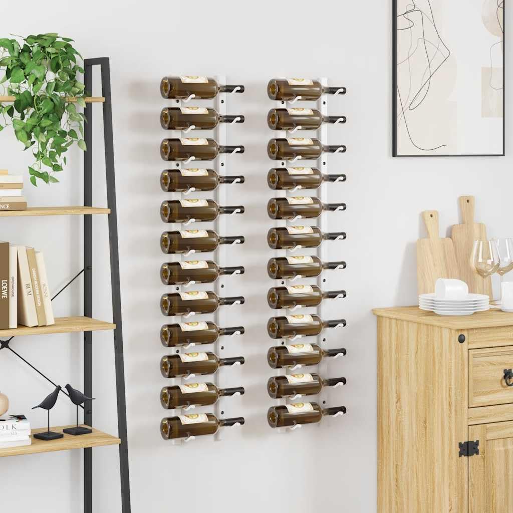 Wand-Weinregal aus weißem Eisen für 12 Flaschen, 2 Stück Flaschenhalter, platzsparendes Flaschenregal zur Aufbewahrung und Lagerung in Küche, Esszimmer, Bar oder Speisekammer