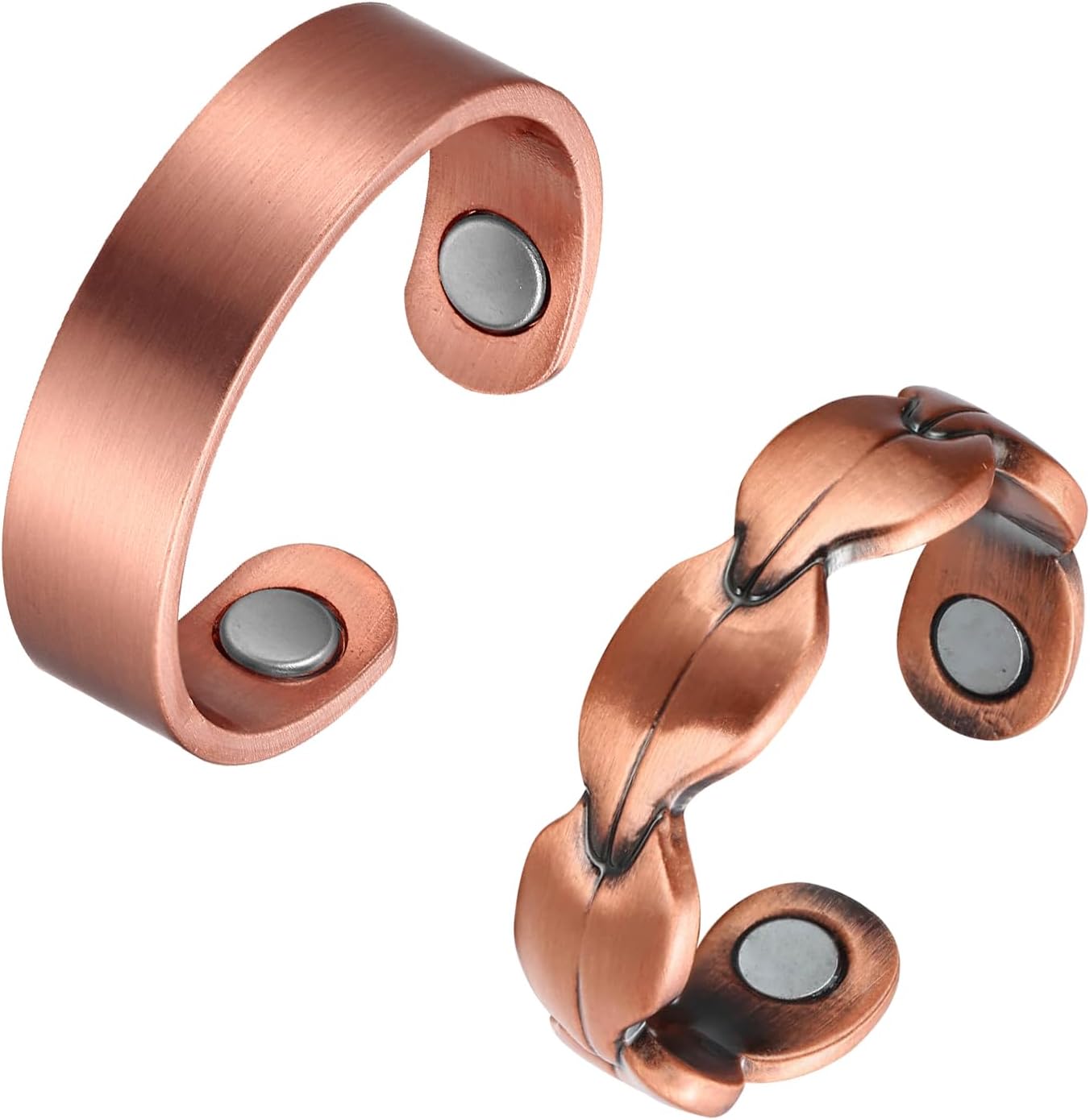 MagEnergy 2PCS Copper Ring for Women,Pure Copper Magnetic Rings,Adjustable Thumb Fingers Ring with Jewelry Gift Box (Plane and leaf)