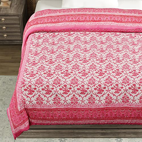 Image of BLOCKS OF INDIA Cotton Single Size Quilt Hand Block Print for Light Winters (60X90 Inches) (Pink Reversible, 300 Tc)