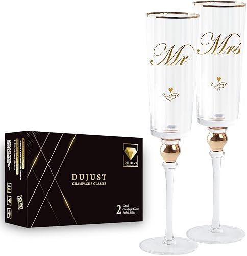 Miniatura 7 de DUJUST Copas de champán de cristal para boda, copas de champán Mr & Mrs con borde dorado hecho a mano y hojuelas de hoja de oro de 24 quilates,