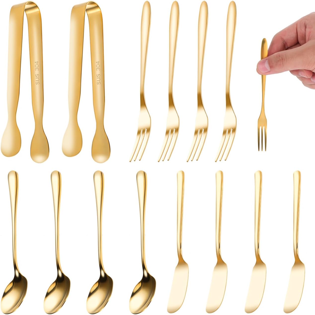 Luxshiny 14-Piece Stainless Steel Serving Utensils Set with Coffee Spoons Sugar Cube Tongs Dessert Forks and Cheese Spreaders for Charcuterie Board and Tea Party