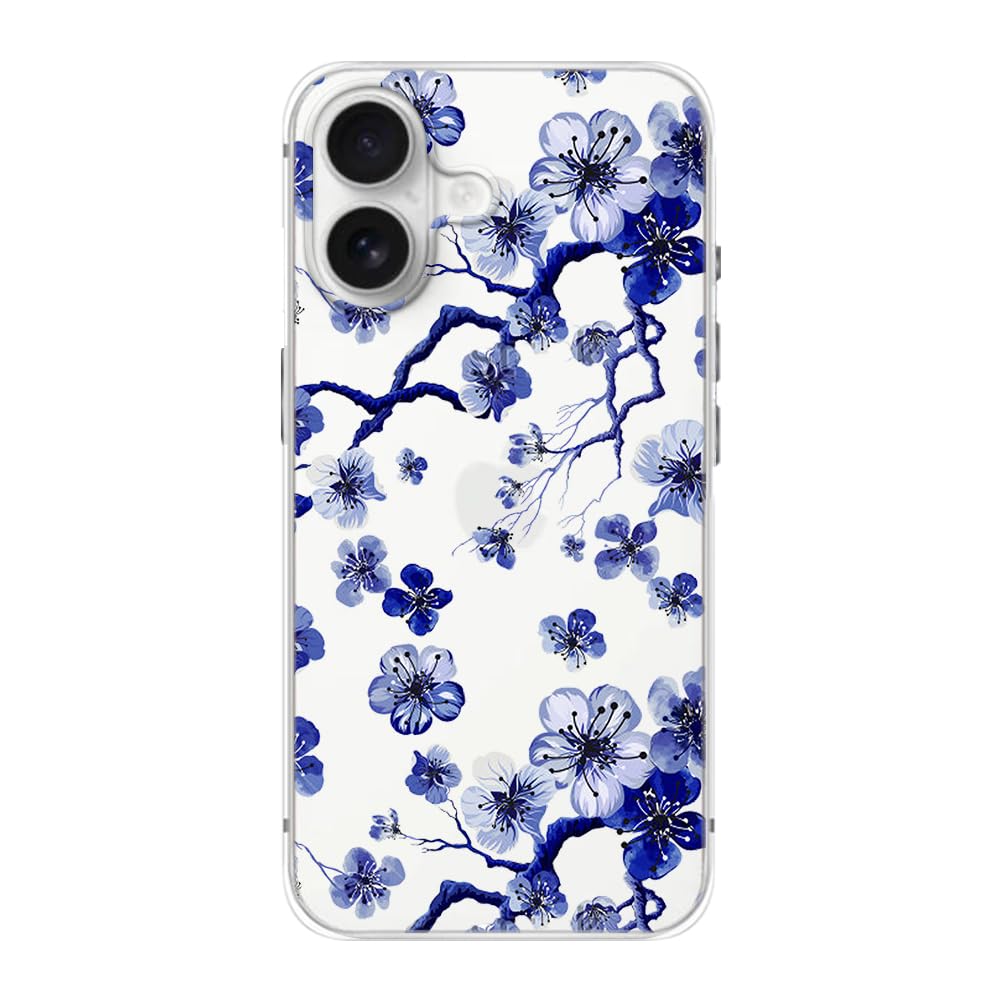 Blingy's for iPhone 16 Case, Cute Flower Style Fun Floral Art Design Transparent Soft TPU Protective Clear Case (6.1 inch) (Blue and White Flower Tree