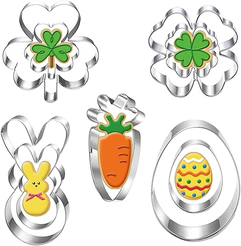 Auktosmn Juego de 9 cortadores de galletas de San Patricio y Pascua, apto para lavavajillas, trébol, 4 hojas, conejo, huevo y zanahoria, cortador de