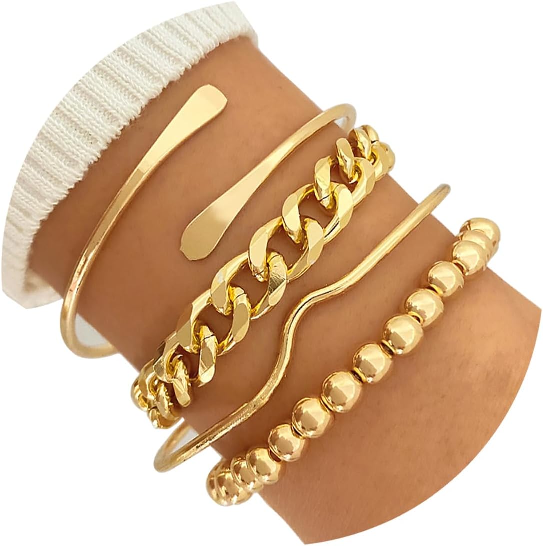 Gold Bangle Bracelets for Women, 14k Gold Plated Multi Layer Cuff Bangles Set, Stackable Boho Non Tarnish Elegance Smooth Bangle Jewelry Gifts for Her