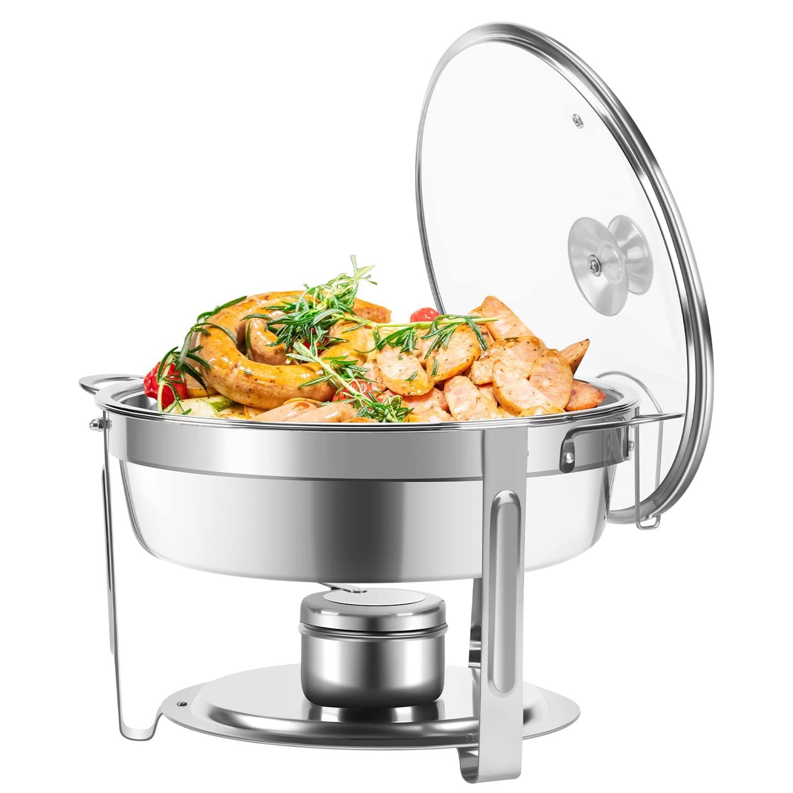 Ensemble de plats à frire – Chauffe-buffet rond en acier inoxydable avec couvercle en verre pour la restauration et les événements