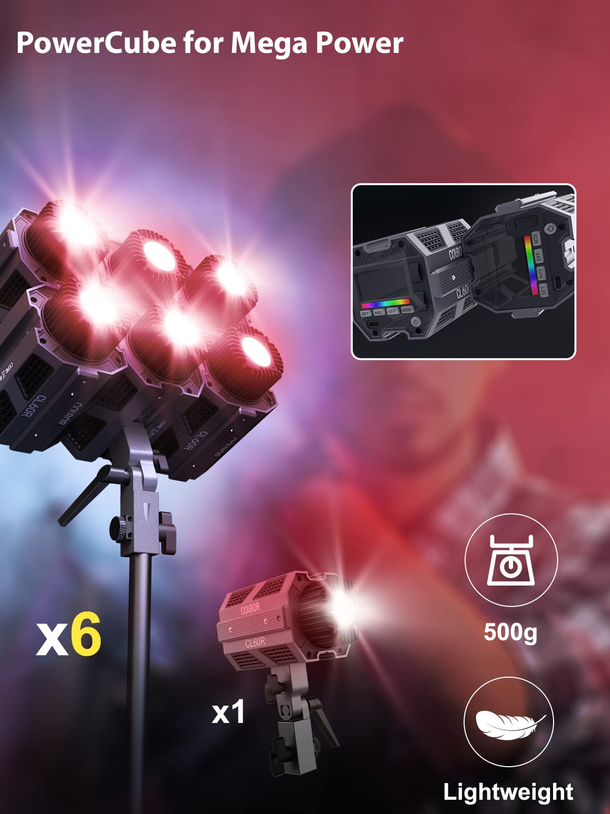 Lampe Vidéo, COLBOR CL60R RGB COB Video Light 65W 2700K-6500K LED Continue Lumière TLCT97+ CRI97+ 13 Effets d'Éclairage avec Contrôle APP Bowens Mount pour Photographie, Lumière-Vidéo-RGB-LED-Lampe