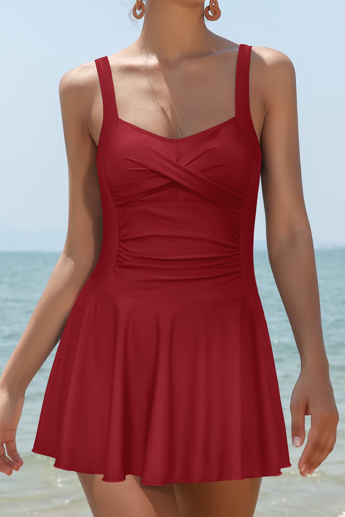 SHEKINI Costumi da Bagno Donna Un Pezzo Ruched Skirted Swimwear Regolabile Vintage Costume Intero Donna Mare Gonna da Spiaggia（L，Vino Rosso-c）