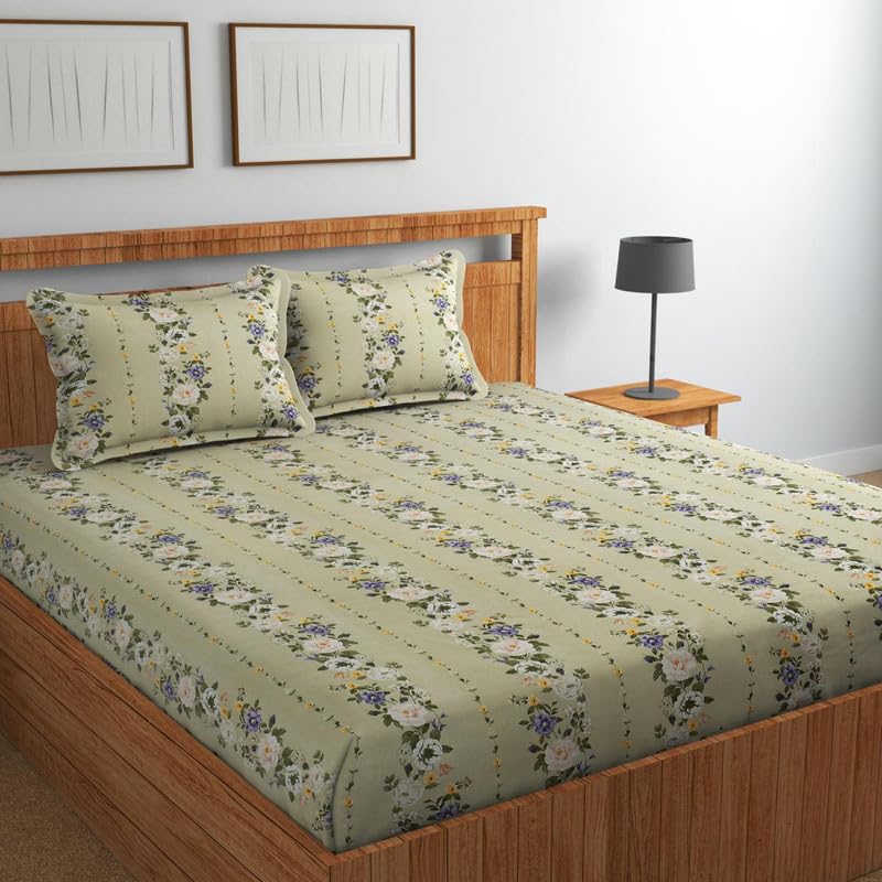 Image of Premium Cotton Fitted Bedsheets with 2 Pillow Covers for King Bed | 200-220 TC | Size 78x72+10 Inches | Olive Green | Soft, Durable, All-Around Elastic Luxury Collections
