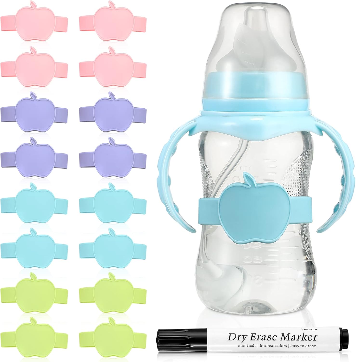 16 Pcs Baby Bottle Labels for Daycare Labels Reusable Waterproof Silicone Water Bottle Name Bands Writable Multi Color Baby Bottle Name Labels Tags Essentials with Dry Erase Marker, 4 Colors