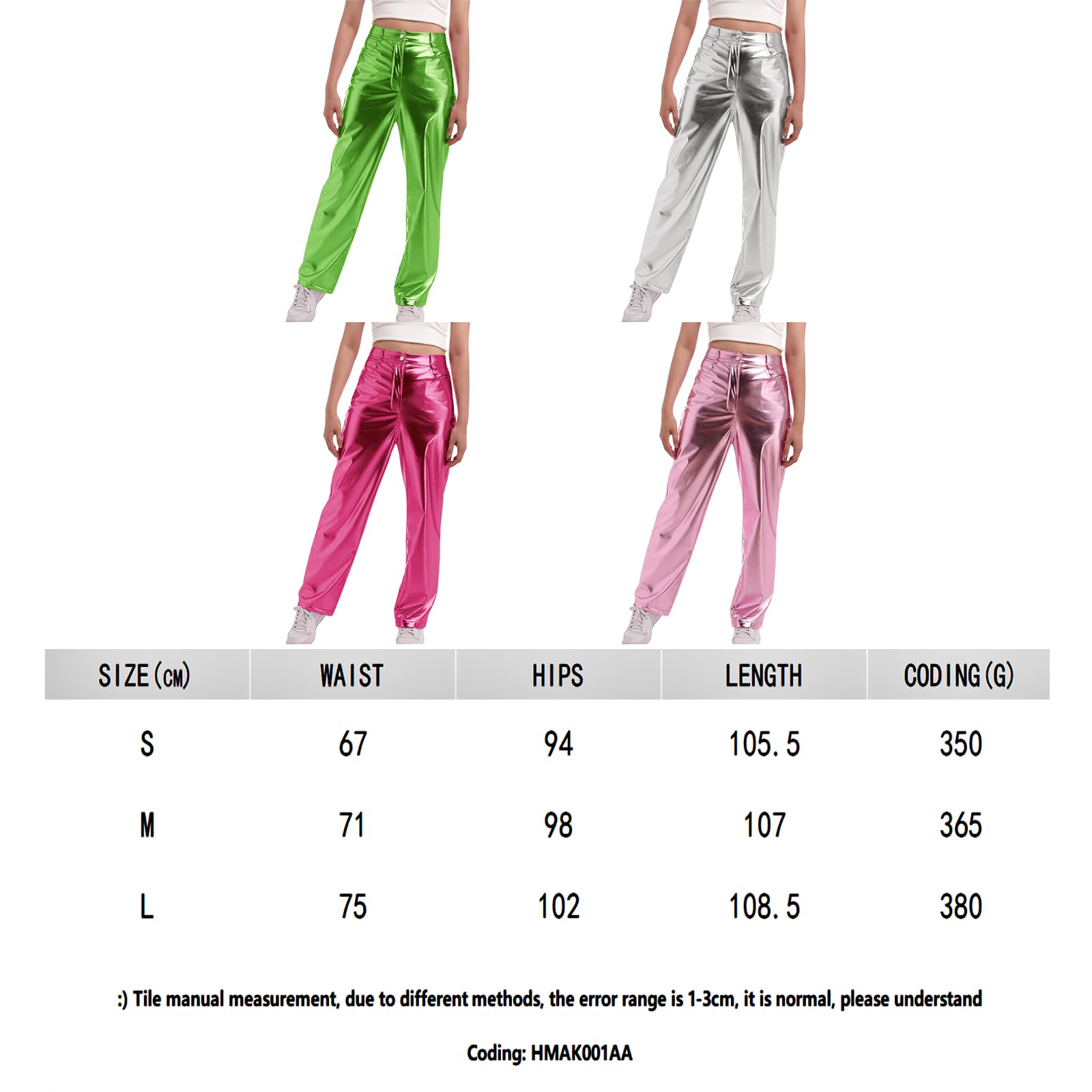 ODIZLI Pantalon holographique métallique brillant taille haute jambe droite en similicuir avec poches pour femme