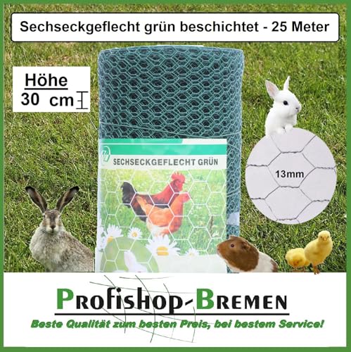 Sechseckgeflecht Sechseckdraht Maschendrahtzaun Kaninchendraht Kükendraht Hasendraht verzinkter Draht mit grüner Pulverbeschichtung 30 cm Hoch - 25 Meter lang - Maschenweite 13 mm